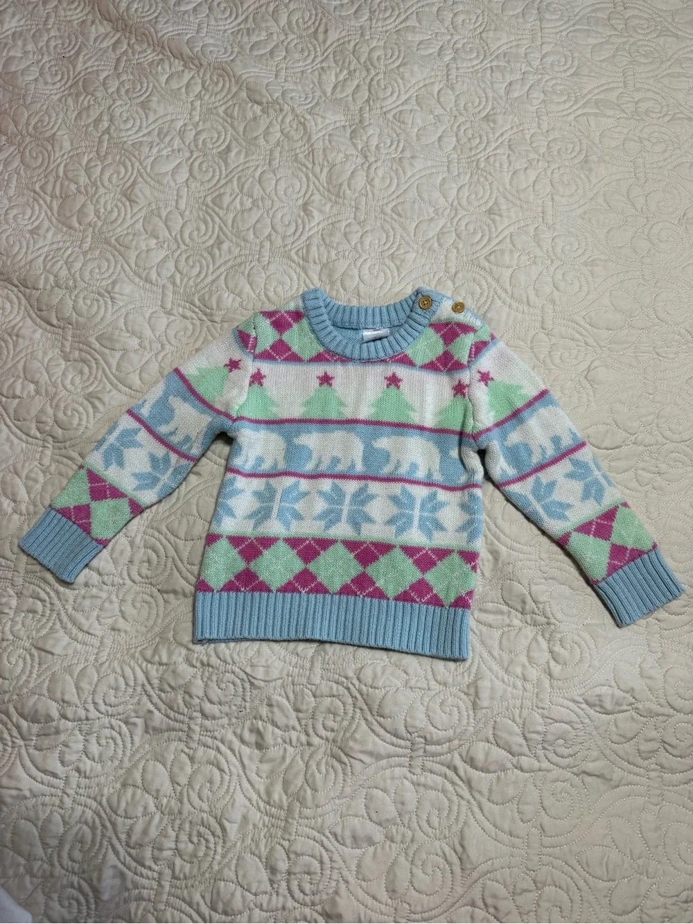 Girls toddler 2T Christmas sweater by Holiday time snowflakes trees polar bears